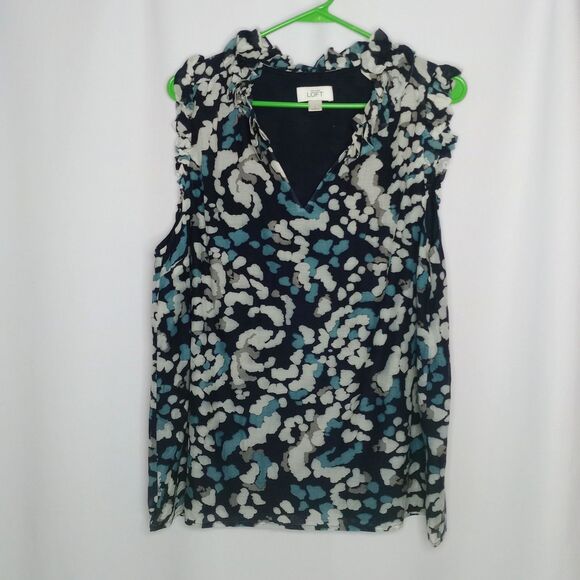 ⭐ Loft Abstract V-neck Sleeveless Silk Blend Blouse Ruffle Lightweight Lined Lge - Picture 1 of 7